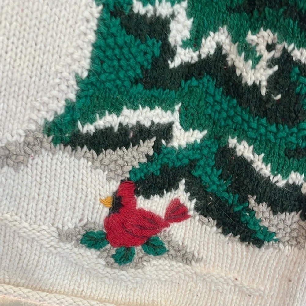 Croft & barrow-L-Snowman, trees, snowflakes, embroidery& crocheted 3-D sweater.